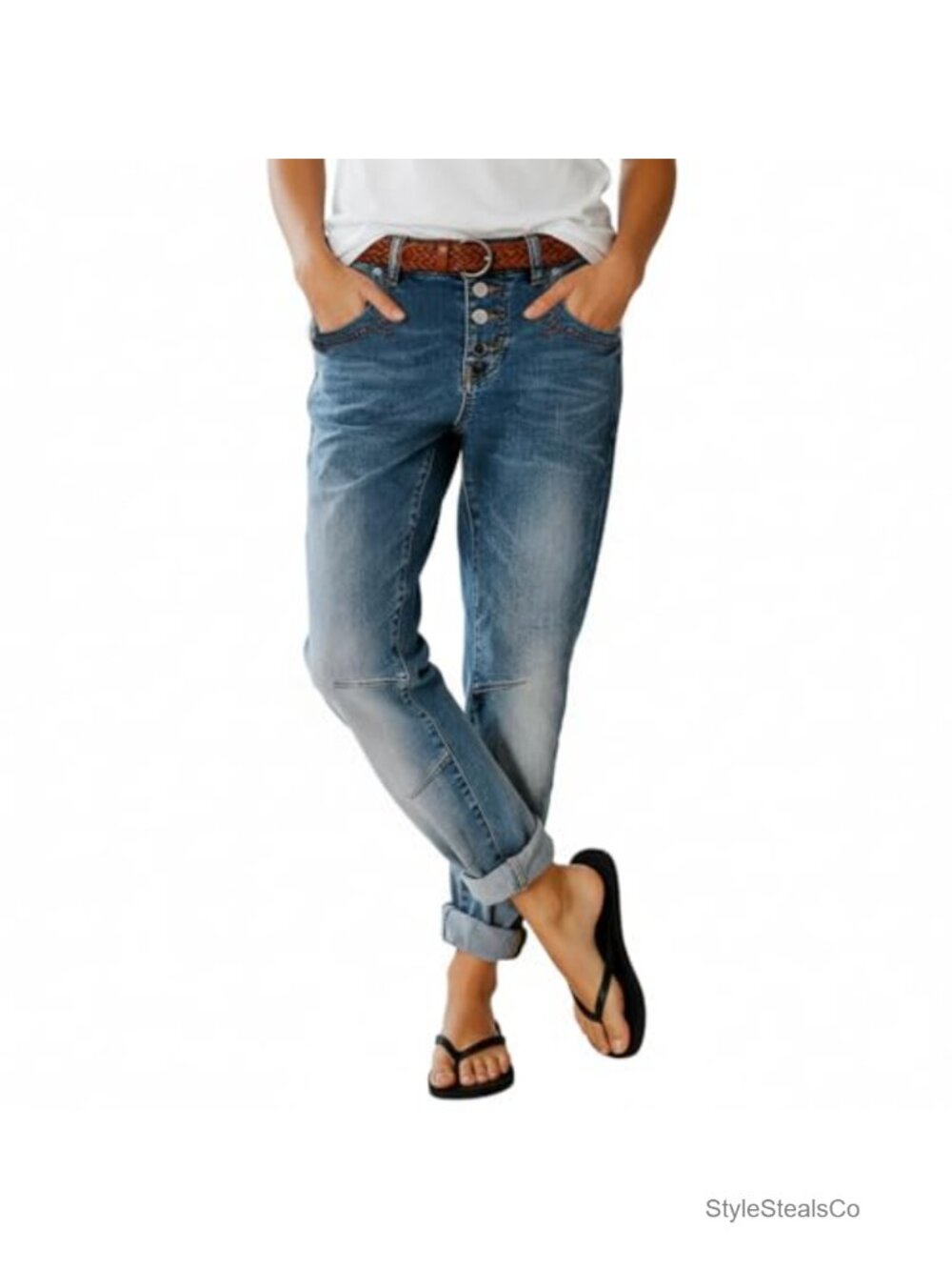 Women's Straight Leg Mid Rise Button Fly Stretch Denim Jeans